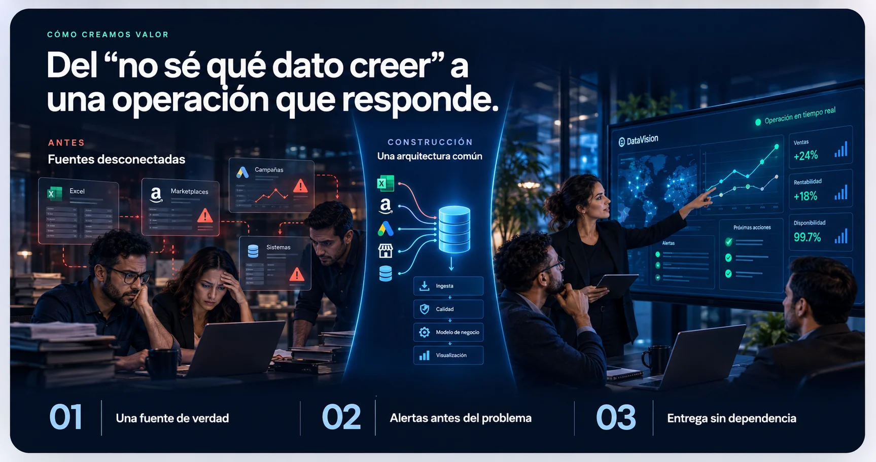 Transformación visual: fuentes de datos desconectadas convergen en una arquitectura común y terminan en decisiones trazables
